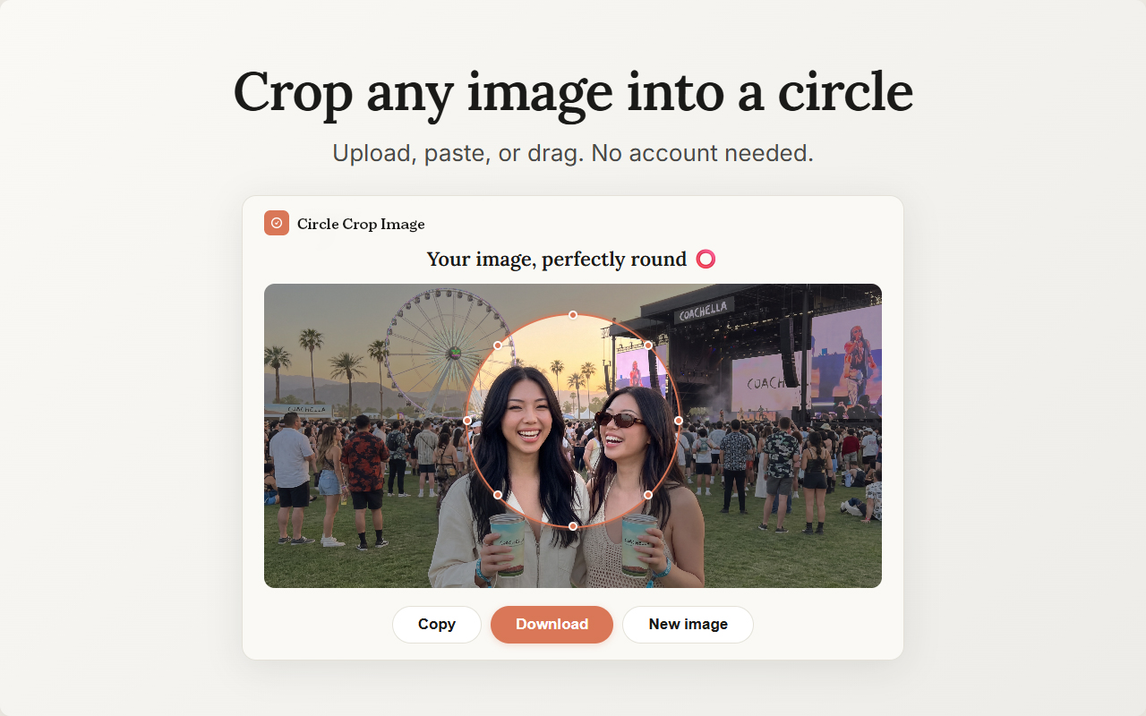 Crop any image into a circle — Circle Crop Image crop mode showing a photo being cropped into a perfect circle with transparent background, no Photoshop needed