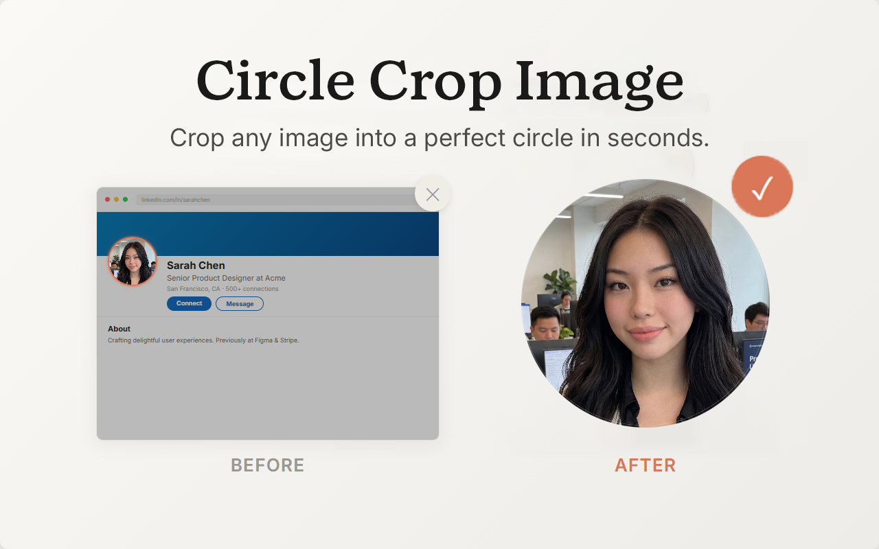 Before and after — a square photo versus the same photo cropped into a perfect circle with a transparent PNG background.